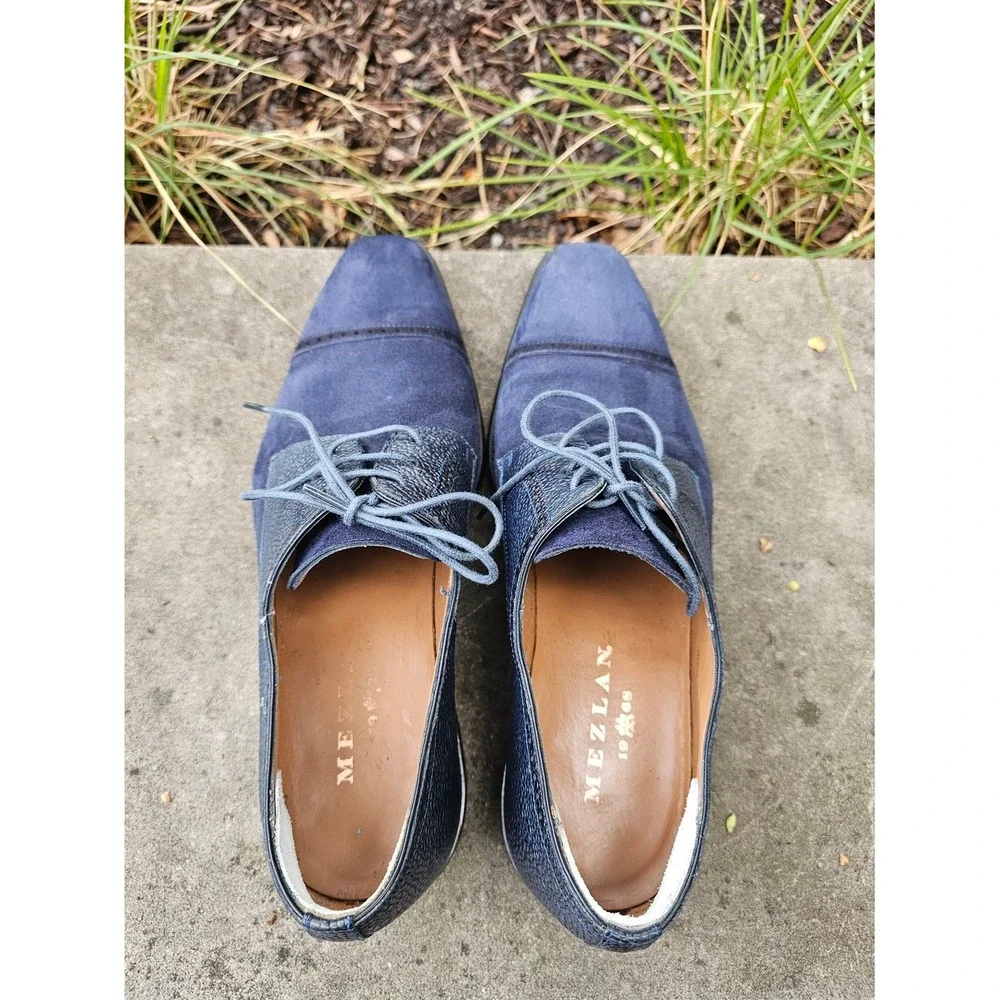 Mezlan Janus Oxford Mens 9 Navy Blue Suede Pebbled Leather Cap Toe Dress Shoes ~